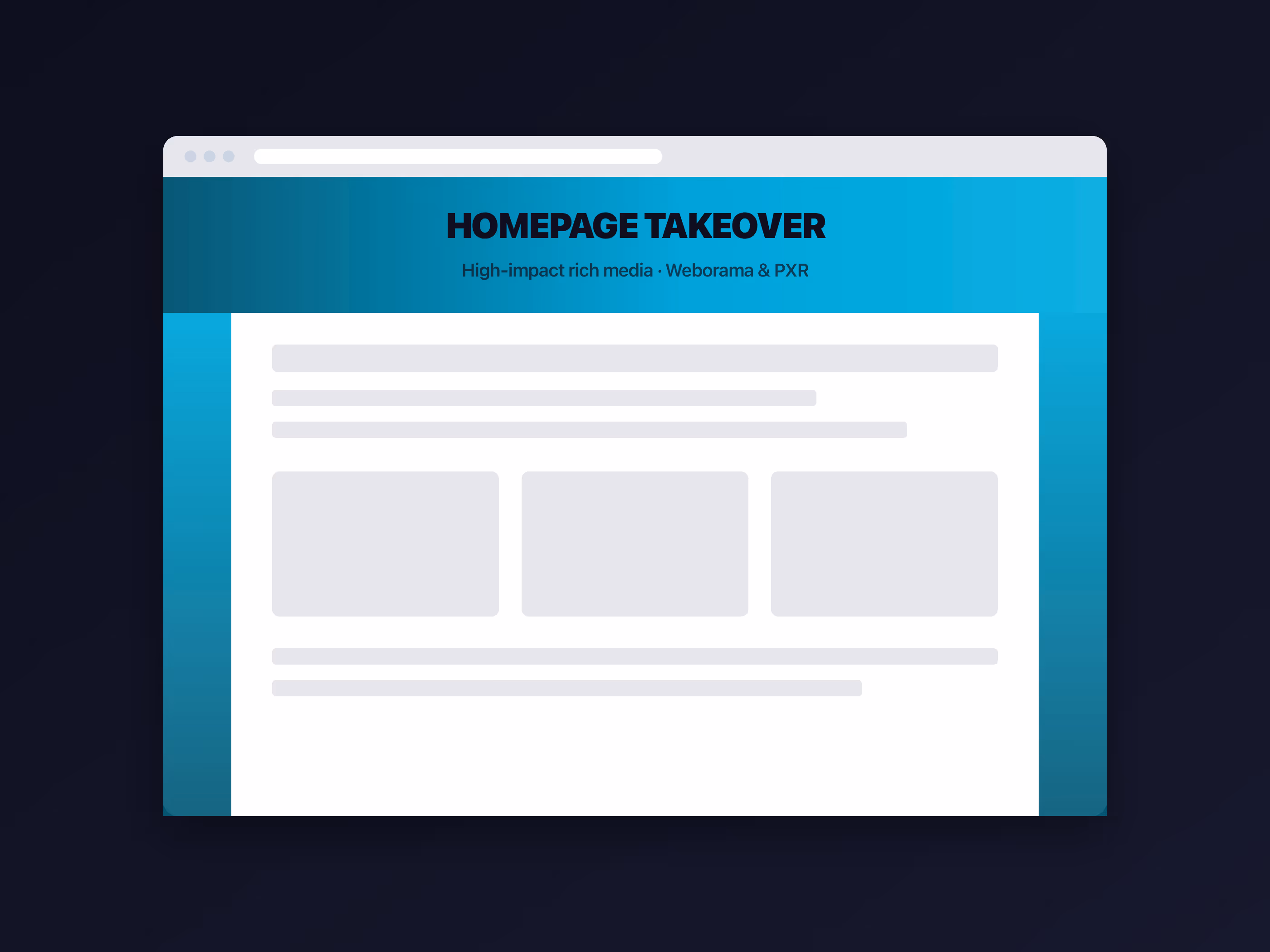 Concept van een Homepage Takeover: een browservenster met een grote bovenbanner en zijbanners die de pagina omkaderen.