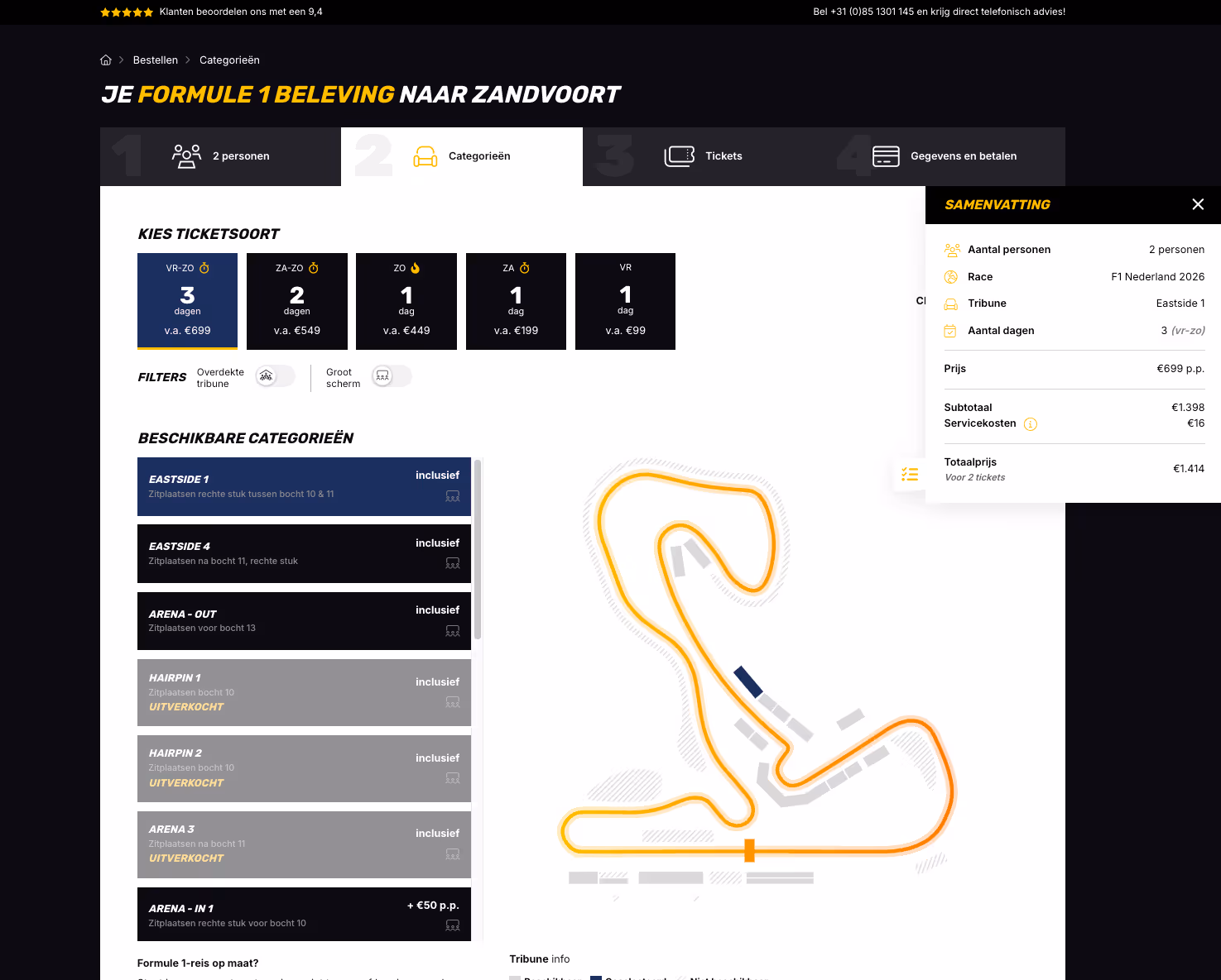 Het boekingsproces van GP Travel: ticketsoort kiezen met een interactieve plattegrond van Circuit Zandvoort en een live prijssamenvatting.