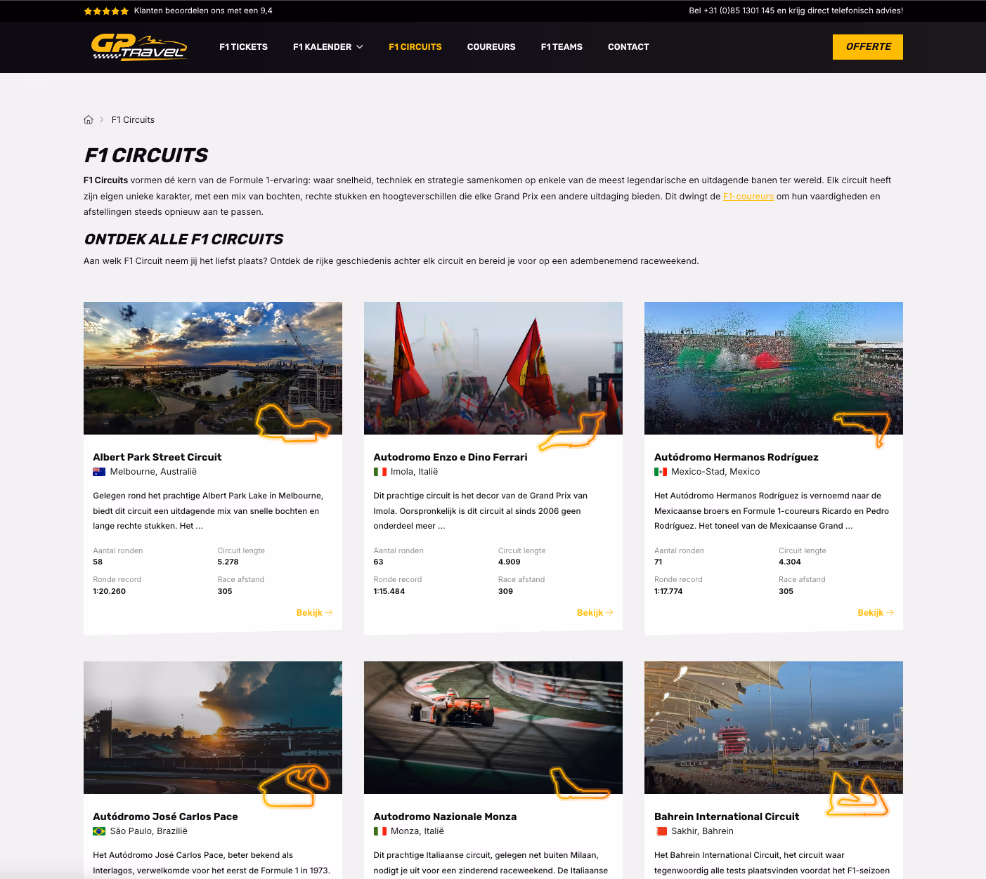 Overzichtspagina met alle Formule 1-circuits wereldwijd in een kaartenraster.