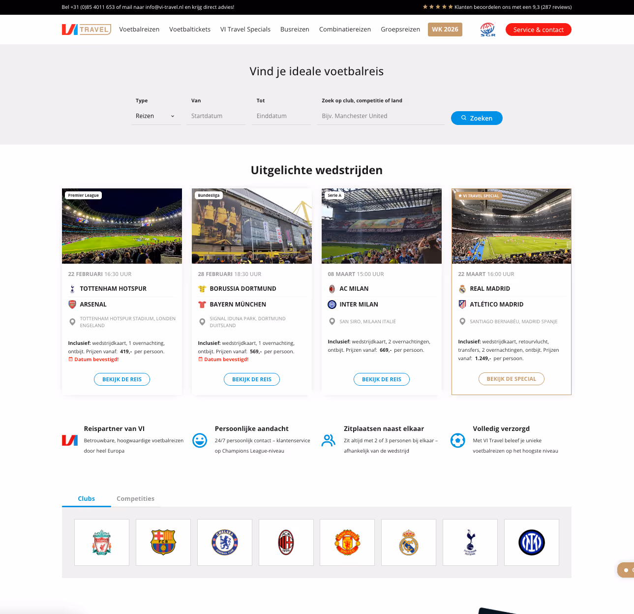 Homepage van VI Travel met de zoekbalk "Vind je ideale voetbalreis" en een rij uitgelichte wedstrijden.