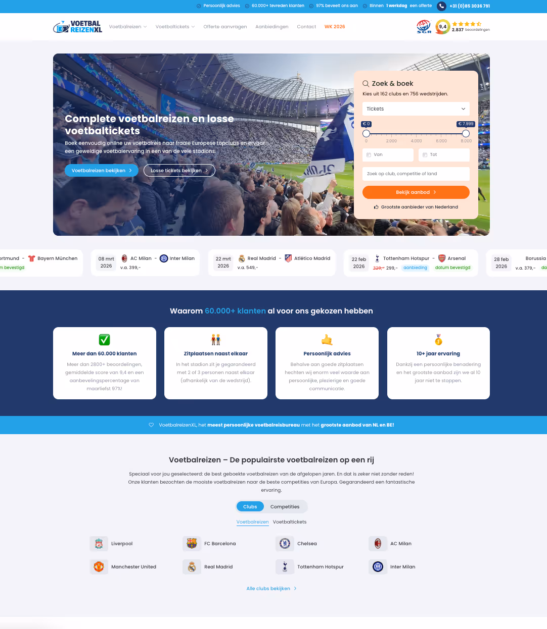 Homepage van VoetbalreizenXL met de hero "Complete voetbalreizen en losse voetbaltickets" en uitgelichte wedstrijden.
