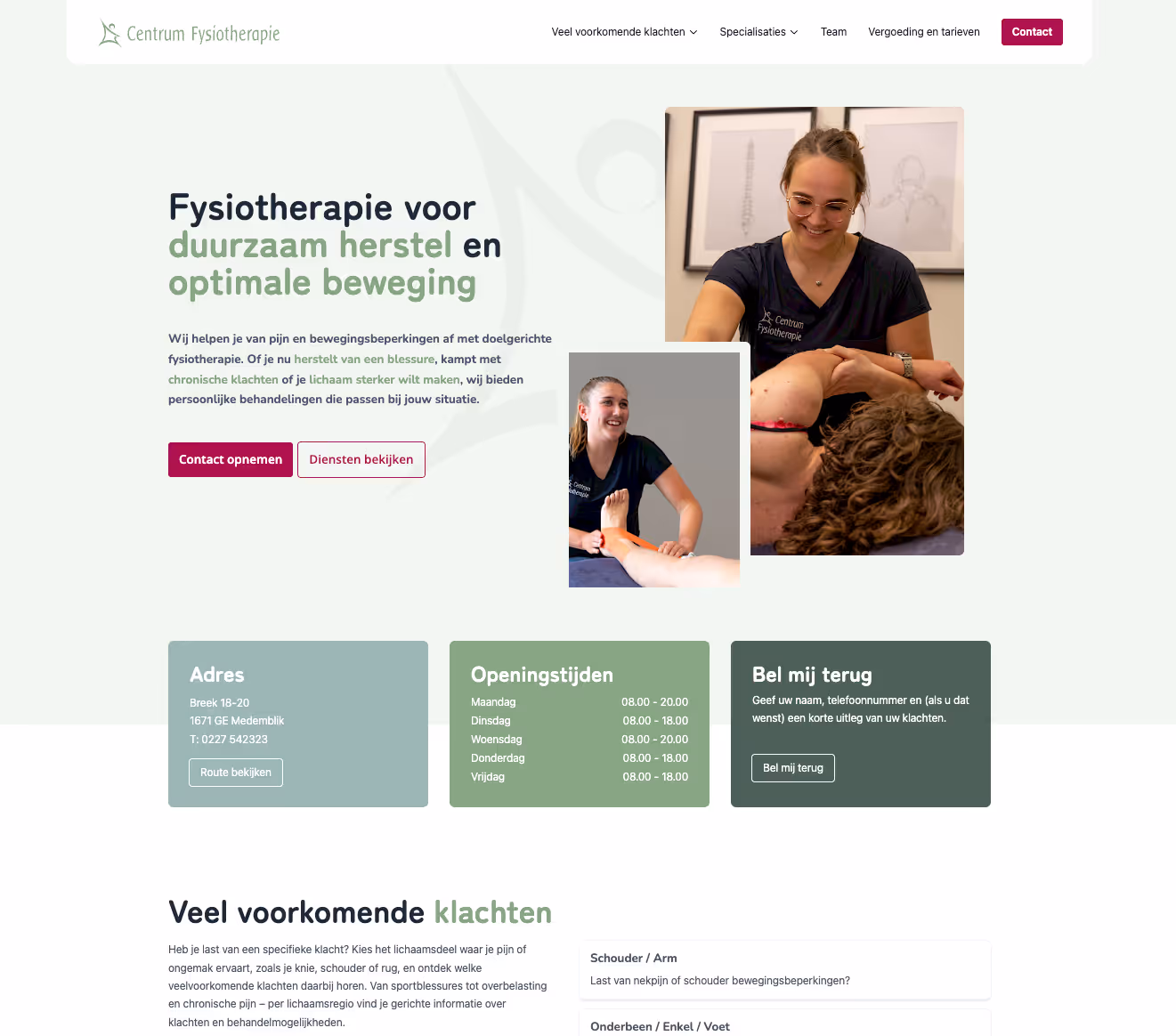 Specialisaties-overzicht met behandelingen zoals manuele therapie, fysiotherapie, echografie en kinderfysiotherapie in een raster.