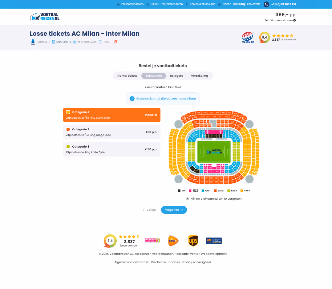 Interactieve stoelkeuze met een plattegrond van stadion San Siro en de beschikbare tribunecategorieën.