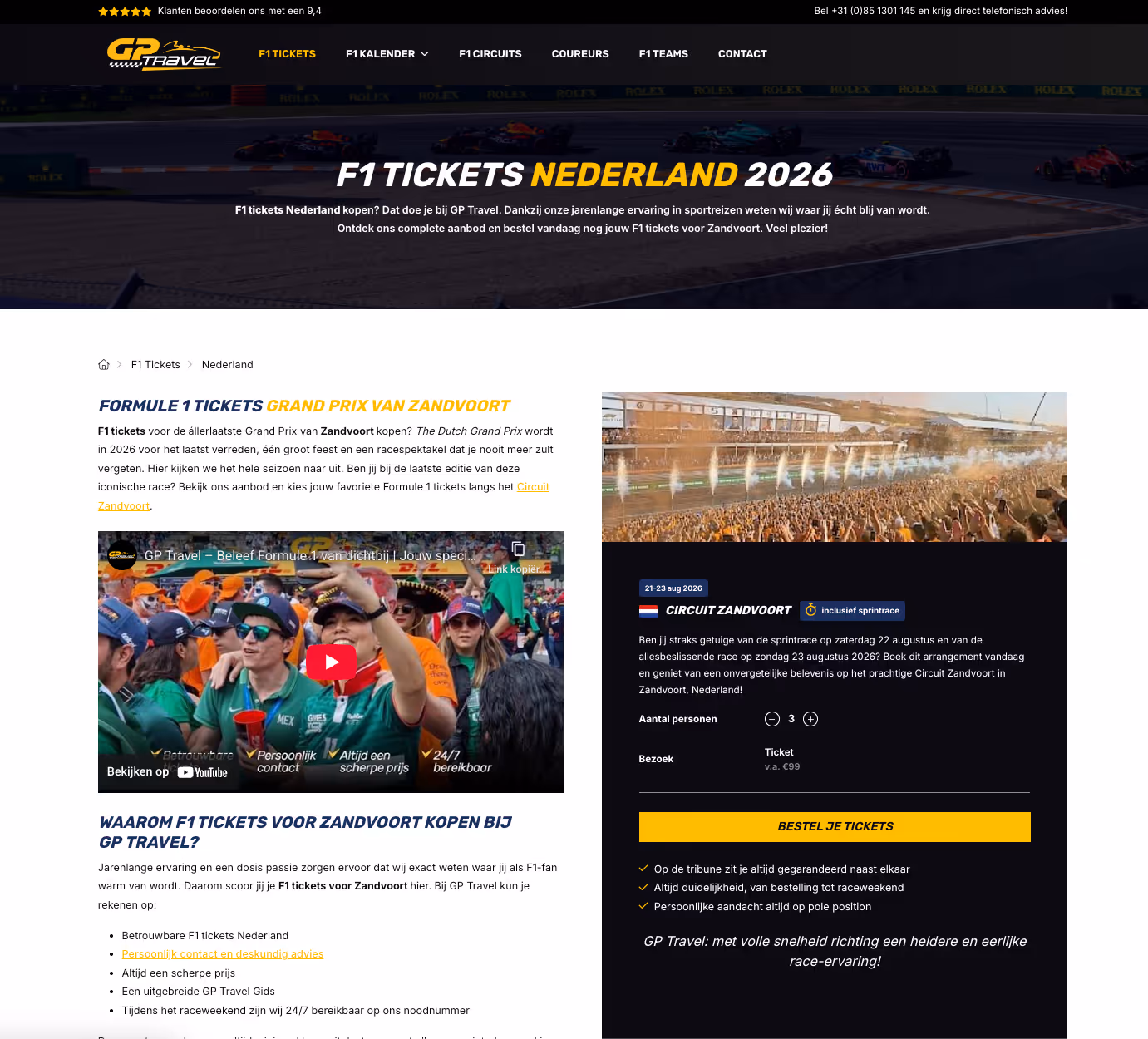 Detailpagina voor F1-tickets Nederland 2026 op Circuit Zandvoort, met arrangementen en boekingsblok.